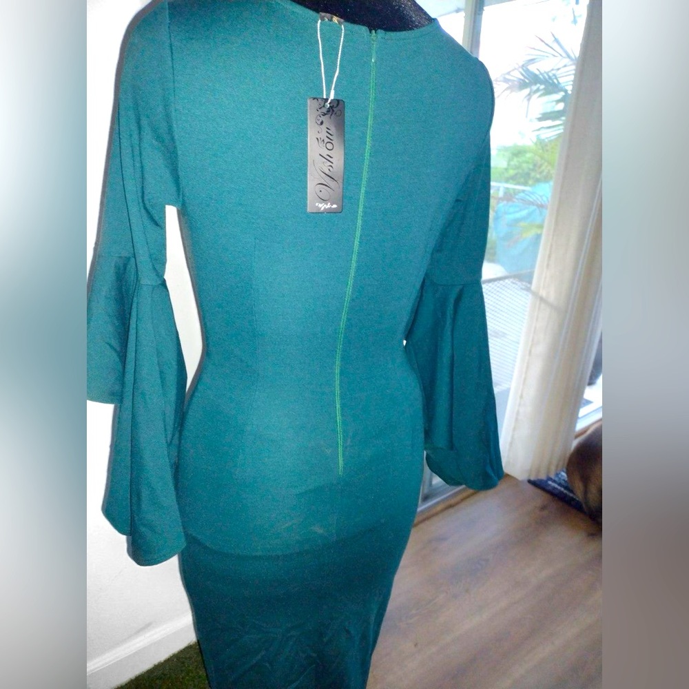NWT Vfshow Bell Ruffle Sleeve Bodycon Midi Dress Dark Green Blue XS - Picture 7 of 11